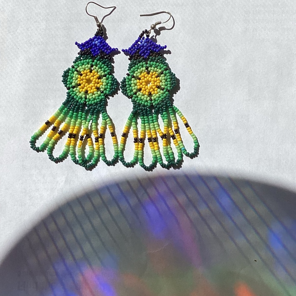 New Import Huichol of Mexico Bead Bird Flower Dangle Earrings Boho Tribal Art